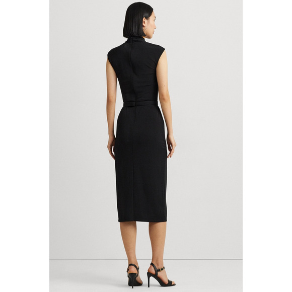 Lauren Ralph Lauren Women Belted Jersey Mock Neck Dress Black Size 10 - Picture 5 of 5